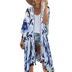 Boho Open Cardigan Kimono Boho Womens Blue‎ Duster Hippie Festival Moss Rose